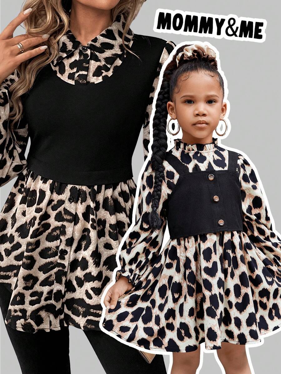 SHEIN Mommy And Me Young Girl's And Young Girl Leopard Print Dress & Corduroy Vest, Girls Autumn Casual Outfit - Multicolor - View 1