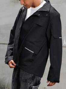 Manfinity Homme Chaqueta con capucha informal para hombres, de primavera y otoño, con bolsillos dobles, ropa de hombre de otoño, chaqueta de hombre de invierno, chaqueta abrigada - Negro - Ver 6