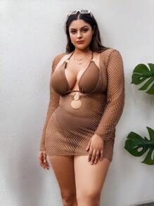 Swim SXY Summer Beach Plus Size Halter Bra & Bikini Bottom Bikini Set With Cover Up Bathing Suit