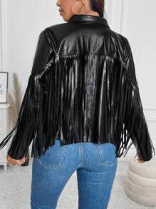 SHEIN LUNE Plus Size Plain Color Fringe Hem Zipper Long Sleeve Jacket, For Winter Fall Autumn - Black - View 4