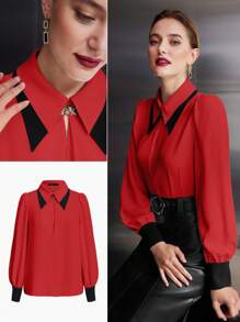 MOTF PREMIUM 拼色灯笼袖衬衫 - 紅色 - 查看 8