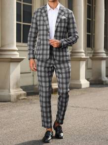 Manfinity Mode 2 piezas Conjunto de traje a cuadros de manga larga para hombre (chaqueta y pantalones)