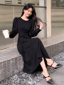 DAZY Women's Solid Color Crew Neck Long Sleeve Drawstring Dress, Spring And Autumn,Fall Women Clothes Maxi Dress - Black - View 9