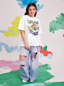 Nick 90s | SHEIN Áo thun hở vai in chữ và nhân vật hoạt hình cỡ lớn, mùa hè - trắng - Xem 5