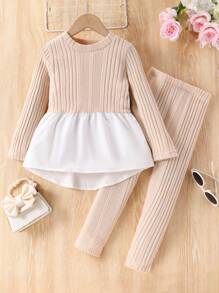 SHEIN Bộ 2 áo thun dài tay cổ tròn phối màu đơn giản cho bé gái, có gấu nhún bèo và quần dài, xuân thu - Màu be - Xem 1