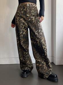DAZY 女士做旧复古阔腿牛仔裤 豹纹印花 - 咖啡棕 - 查看 4