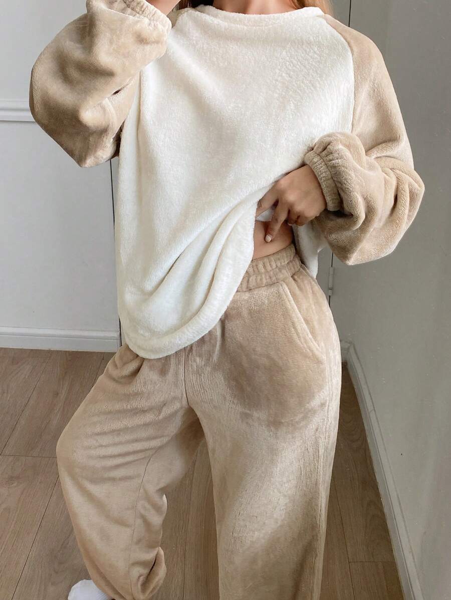 DAZY Flannel Thick Colorblock Raglan Sleeve Top & Pants Loose Fluffy Pajamas Set, Thermal Lined, Cozy Outfits Fall,Winter Clothes - Khaki - View 1