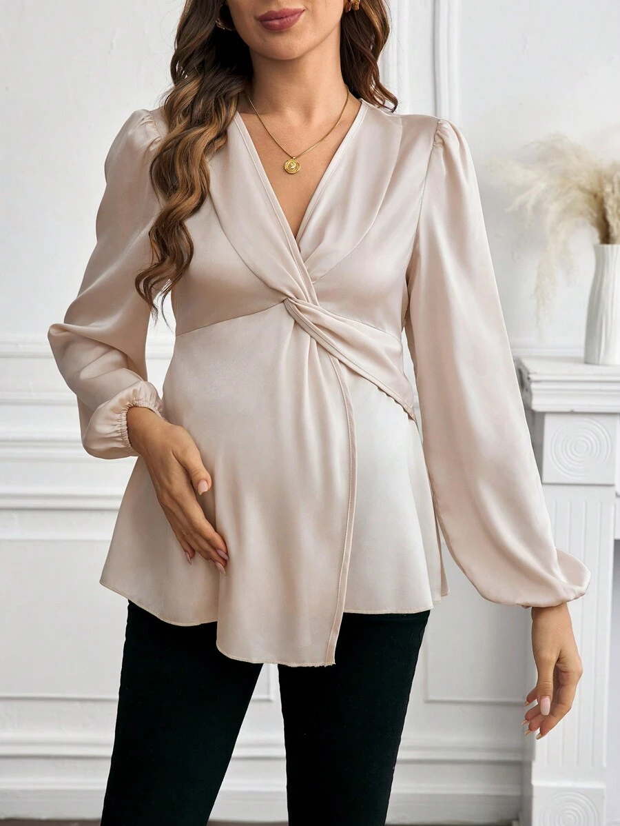 SHEIN 孕妇 V 领灯笼袖扭纹优雅衬衫，适合孕妇 - 杏色 - 查看 1