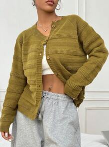 Flirla 女式纯色插肩袖单排扣休闲开衫，秋冬款 - 綠色 - 查看 4