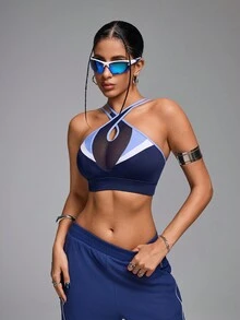 Innovista Áo ngực thể thao lưới thoáng khí và gợi cảm phối màu cho nữ, áo tập gym & thường ngày, áo ba lỗ tập luyện, áo khoét rỗng, áo ngực nâng ngực, yoga, mùa thu, áo ngực thể thao màu xanh - Màu xanh lam - Xem 7