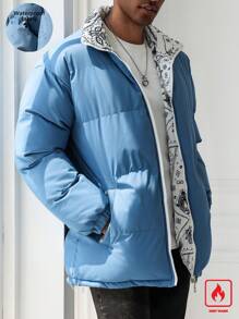 Manfinity Hypemode Men's Thick Padded Reversible Printed Padded Coat With Stand Collar, Warm For Fall Winter, Smoky Blue - Dusty Blue - View 6