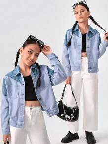 SHEIN Jaqueta jeans solta com contraste de cores e estilo de rua para meninas adolescentes
