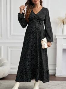 SHEIN V-Neck Allover Print Split Thigh Dress With Long Sleeves, Maternity Nursing Dress - Black - View 1