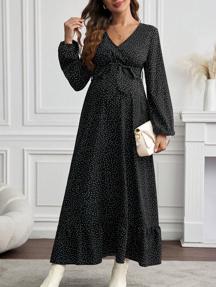 SHEIN V-Neck Allover Print Split Thigh Dress With Long Sleeves, Maternity Nursing Dress - Black - View 1