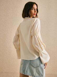 Poéselle Women's Cream White Frill Trim Front Tie Long Sleeve Casual Blouse,Elegant Autumn Dates Cottagecore Boho Bell Sleeve Top,Fall Winter Clothes FW24 - Apricot - View 4