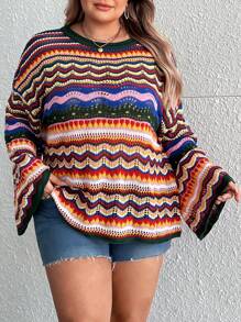 SHEIN CURVE+ Áo len dệt kim phối màu khoét rỗng cỡ lớn dành cho mùa lễ hội, thích hợp mặc mùa thu đông. - Màu xanh lá cây đậm - Xem 5