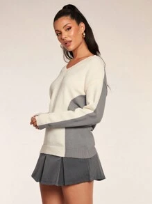 Allurite Women's Casual V-Neck Drop Shoulder Long Sleeve Contrast Color Loose Sweater, Autumn Winter Knit Pullover Fall Outfit