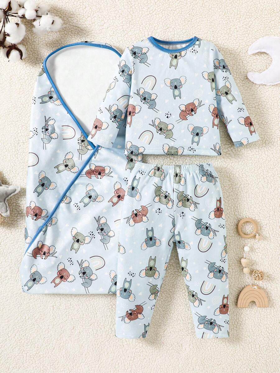 3pcs/Set Infant Baby Boys Comfortable Cute Koala Printed Long Sleeve Top And Pants Home Outfit With Swaddle Blanket - Multicolor - View 1