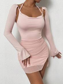 SHEIN Unity Halter Tie Open Slit Sexy Mini Dress ,Pink Mini Dress,Bodycon Dress,Pink Long Sleeve Dress - Baby Pink - View 6