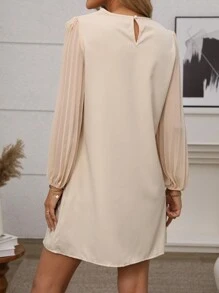 SHEIN Clasi 女士休闲纯色褶皱灯笼袖连衣裙，秋季 - 杏色 - 查看 2