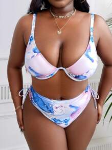 SHEIN Swim Curve 夏日沙灘加大理石印花鋼圈比基尼套裝