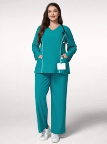 TaskEZ 大码长袖口袋上衣和裤子手术服套装