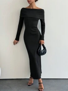 SHEIN Tall Foldover Off Shoulder Sweater Dress For Spring & Autumn - Black - View 1