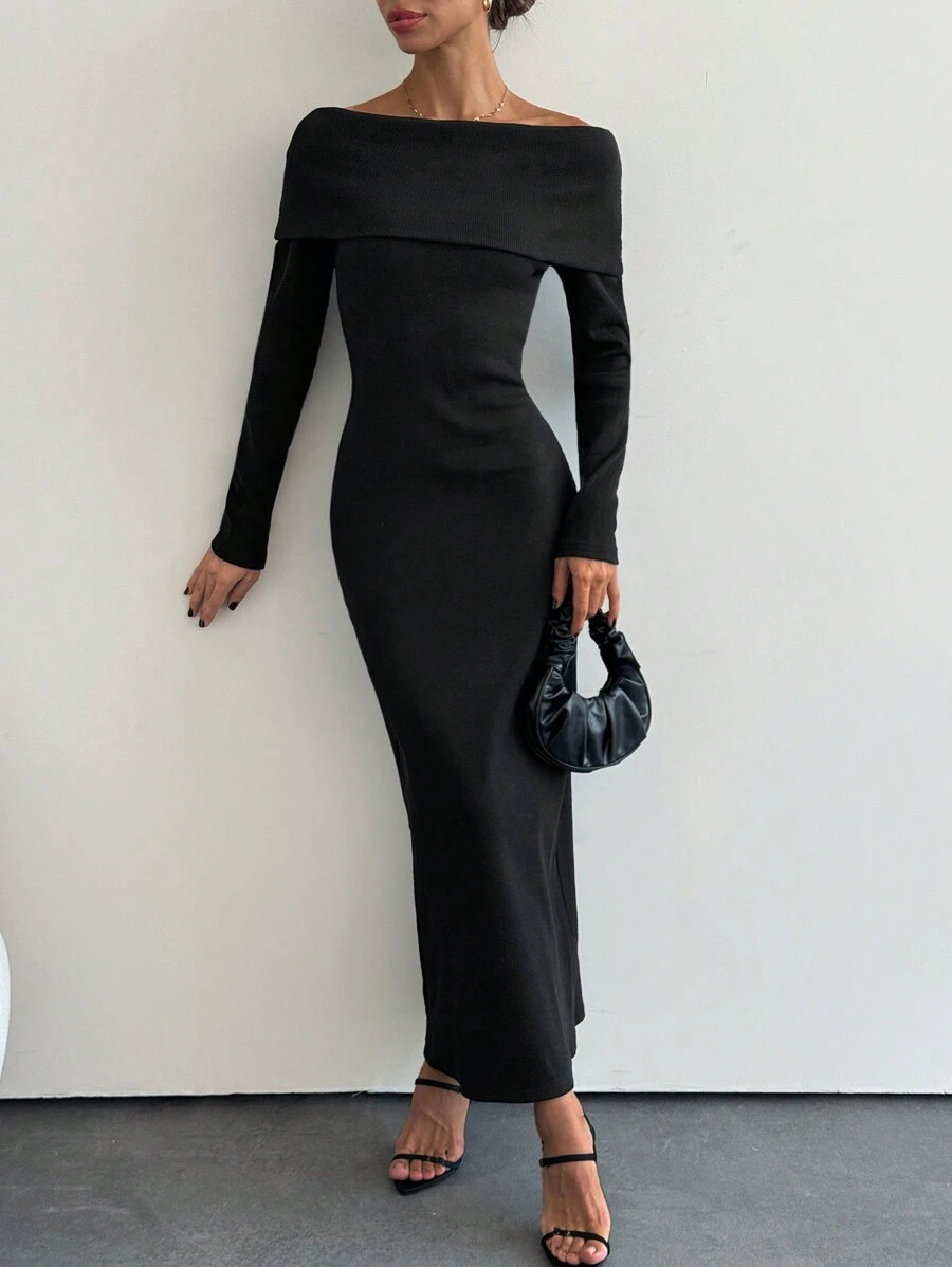 SHEIN Tall Foldover Off Shoulder Sweater Dress For Spring & Autumn - Black - View 1