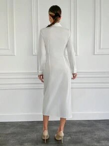 EURMUSE Autumn Fashion Ruffled Collar Wrap Tied Midi Dress - White - View 2