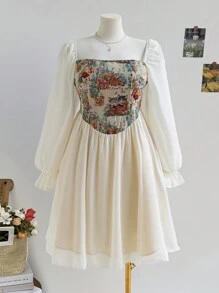 Soleia 大码女式派对鸡尾酒会连衣裙花卉蕾丝拼布灯笼袖 A 字裙毕业典礼春季休闲午餐 - 彩色 - 查看 1