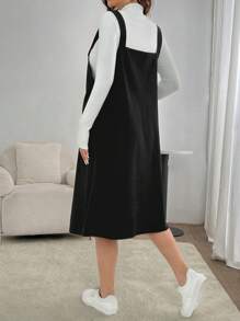 SHEIN Vestido casual suelto con bolsillo y tirantes de unicolor para mujeres embarazadas, para primavera y otoño, para maternidad - Negro - Ver 2