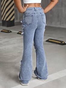 SHEIN Jeans acampanados de denim con patrón de estrellas lavado a piedra y deshilachados para niñas preadolescentes, conjunto de ropa de otoño y atuendos de homecoming para niñas preadolescentes