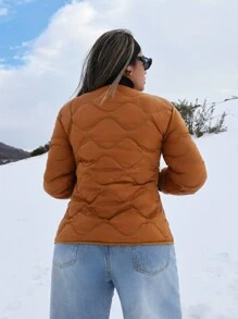 SHEIN SXY 女士纯色拉链长袖羽绒夹克，冬季 - 棕色 - 查看 3