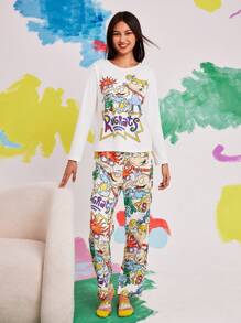 Nick 90s X SHEIN Conjunto de pijama con top y pantalones con estampado de dibujos animados para mujer