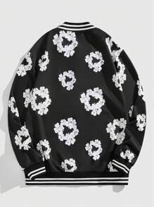 ROMWE MEN Street Life Men's Casual Flower & Letter Print Baseball Jacket, Spring/Autumn - Black - View 2