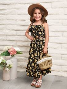SHEIN Chica Joven Top De Tirantes Con Estampado Floral & Falda Con Dobladillo Con Volantes