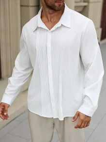 Manfinity Homme Áo sơ mi nam tay dài trơn cỡ lớn cài nút đơn giản, dùng khi đi chơi - trắng - Xem 5