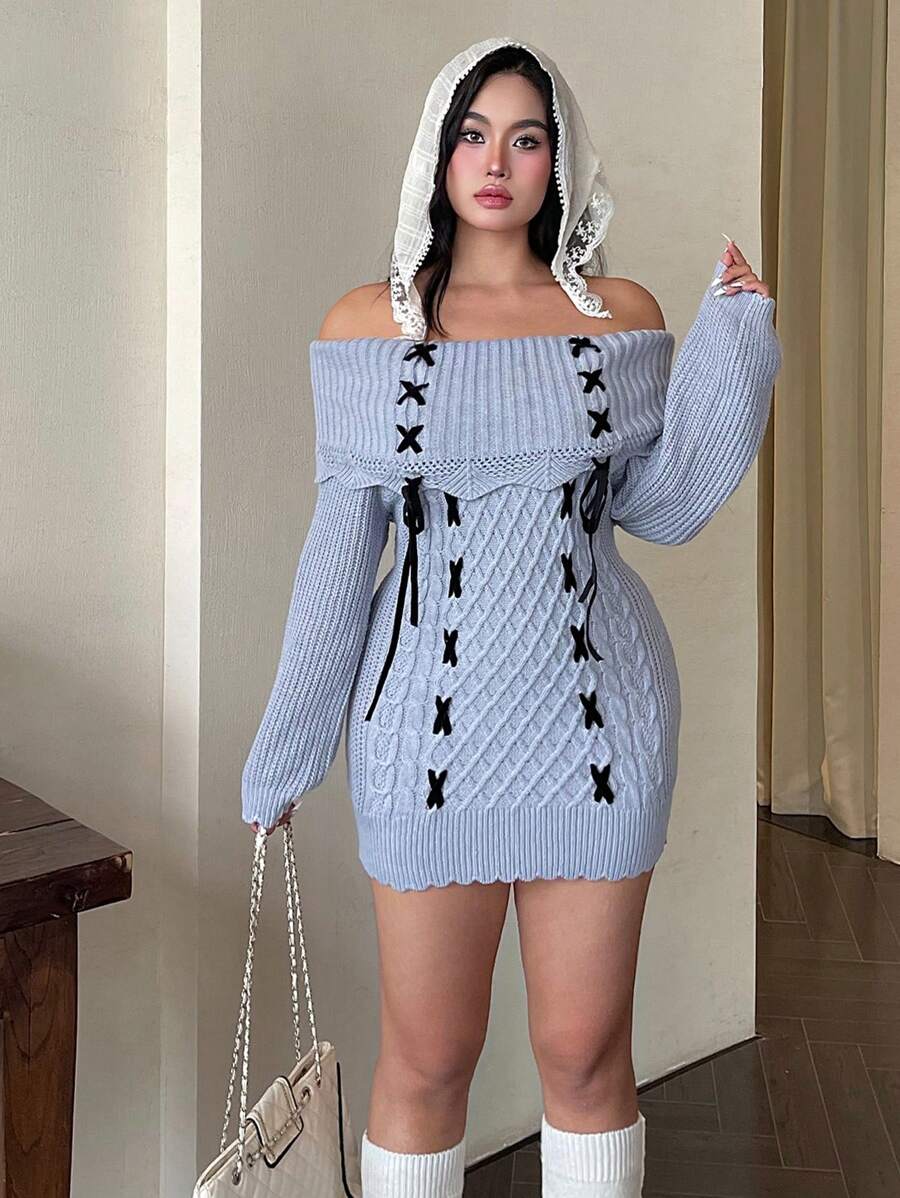 Flirla Plus Size Rhombus Texture Drawstring Decoration Off Shoulder Fitted Sweater, Spring Autumn Knit Pullover Fall Winter Outfit - Dusty Blue - View 1
