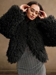 Anewsta Short Fashionable Stand Collar Fluffy Lamb Wool Jacket - Black - View 3