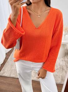 Chiquease Áo len dệt kim trơn dài tay cổ chữ V cho nữ, thường ngày - trái cam - Xem 1