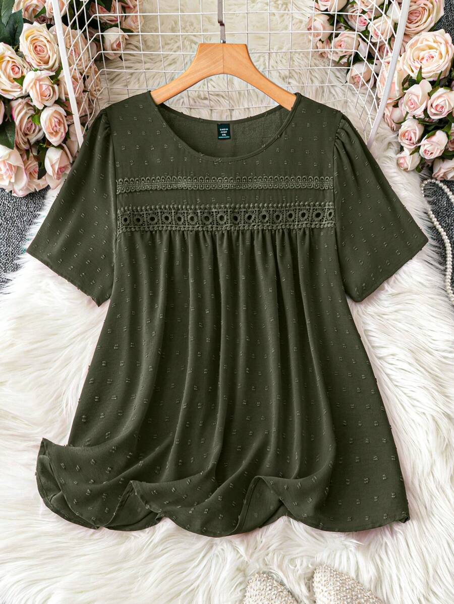 SHEIN LUNE 大码女式夏季撞色蕾丝圆领短袖休闲衬衫