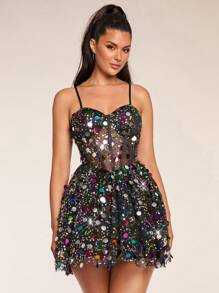 Glamine Vestido con lentejuelas y parches con tirantes encantador para mujer, vestido sexy de fiesta, vestido negro, vestido negro de baile de graduación, atuendo mini corto para conciertos