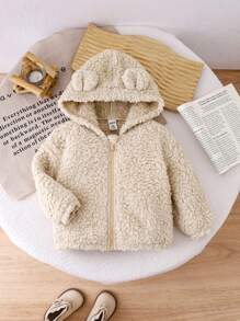 SHEIN 女童可爱毛绒连帽外套，温暖米色，秋冬 - 杏色 - 查看 2
