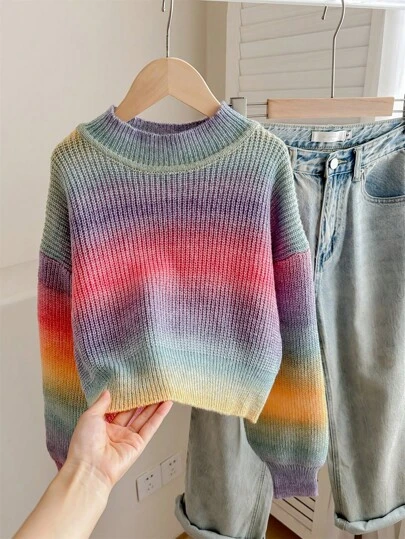 SHEIN Leap Crew 少女超大彩虹渐变圆领短款长袖毛衣