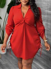 Slaydiva 优雅、日常、通勤、派对、约会性感修身纯色铁锈红色长袖衬衫领扭曲前抽绳腰部大码迷你衬衫连衣裙女士春秋季 - 紅木色 - 查看 6