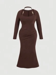 SHEIN MOD Plus Size Wrap Around Ruffle Hem Sleeveless Bodycon Midi Dress,Homecoming Dresses,Dress With Sleeves,Fall Women Dresses