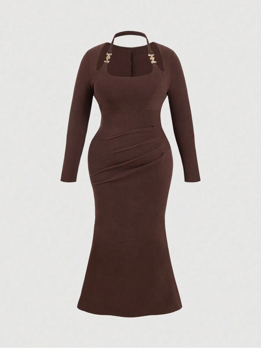 SHEIN MOD Plus Size Wrap Around Ruffle Hem Sleeveless Bodycon Midi Dress,Homecoming Dresses,Dress With Sleeves,Fall Women Dresses