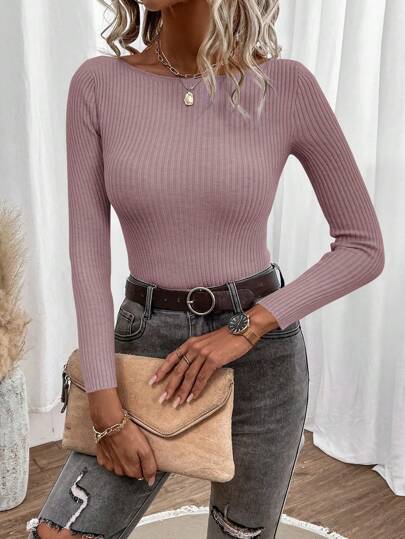 SHEIN Clasi Boat Neck Ribbed Knit Sweater In Fall/Winter