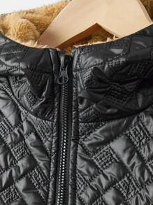 青少年男孩休闲纹理 PU 蓬松连帽宽松夹棉外套，冬季 - 黑色 - 查看 3