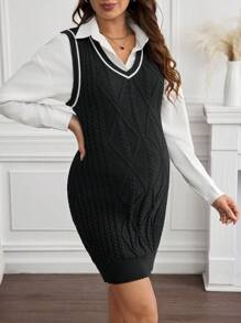 SHEIN Maternity V-Neck Striped Print Elegant Sleeveless Sweater - Black - View 1